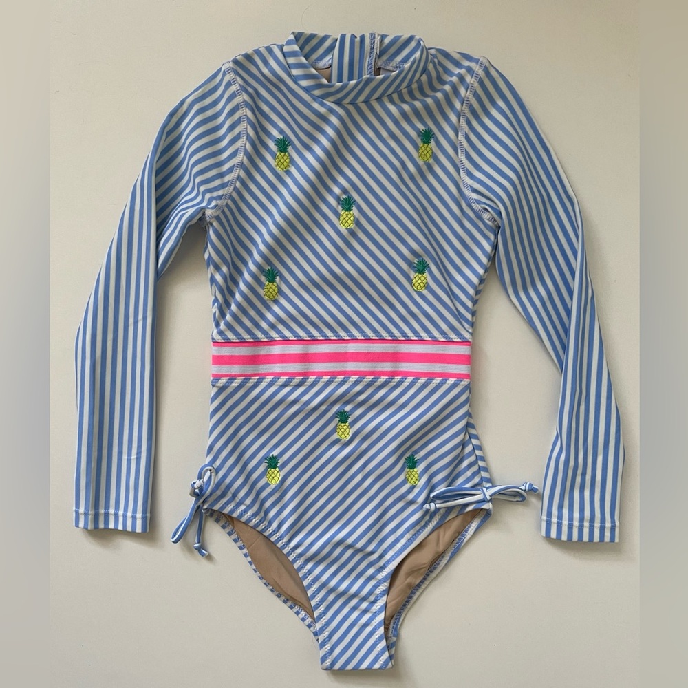 Shade Critters Girl's Long Sleeve One-Piece Stripe Pineapple Rashguard Swimsuit